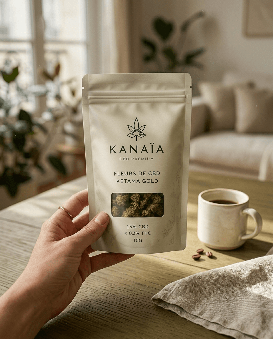 Un sachet de fleurs de CBD KANAÏA tenu en main dans un salon lumineux