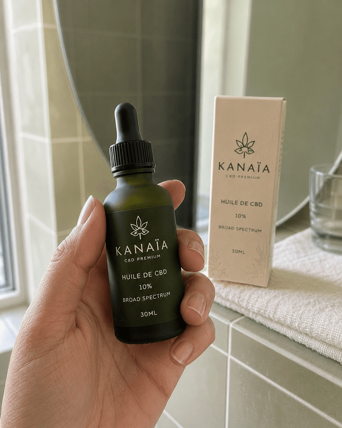 L'huile de CBD 10 % KANAÏA en main dans la salle de bain